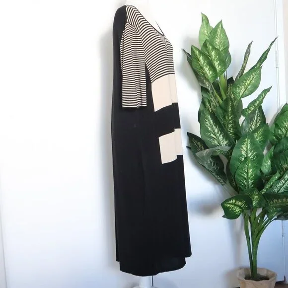Marina Rinaldi Black Beige Viscose Wool Cashmere Striped Knit Shift Midi Dress - Picture 5 of 11